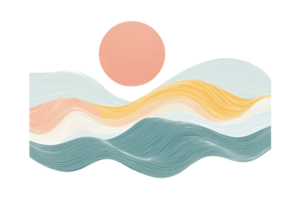 Abstract illustration of rolling waves under a setting sun, featuring pastel colors and textured lines, evoking calm and serenity. png