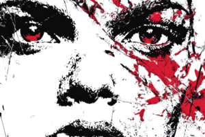 Abstract illustration with dark and red tones, capturing intense emotion with a bold, dramatic visage and expressionistic style. png