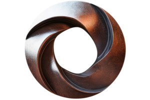 Abstract metallic sculpture in a twisted circular form, displaying intricate textures and patterns, showcasing modern geometric art. png