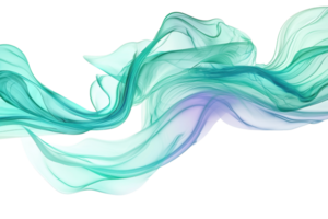 Abstract teal and purple smoke-like waves create a fluid motion effect on a transparent background. embodying a sense of tranquility and creativity. png