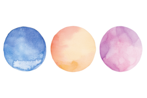 Abstract watercolor circles in blue, orange, and purple tones on a transparent background. perfect for creative design projects and artistic concepts. png
