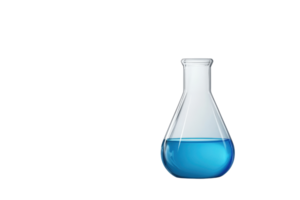 Clear laboratory flask filled with vibrant blue liquid, isolated on transparent background. Perfect for chemistry and science projects. png
