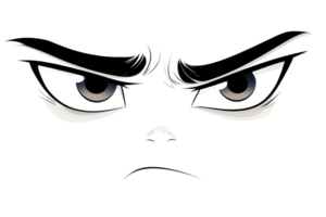 Cartoon angry eyes with furrowed brows and intense gaze, expressing emotion and character in a bold, stylized illustration. png