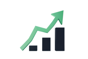 Business growth concept with a green arrow pointing upwards on a bar chart, symbolizing success, progress, and financial improvement. png