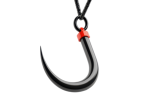 Close-up image of a black fishing hook with a red accent, sharp and shiny, isolated on a transparent background. highlighting detail and design. png