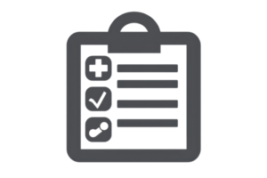 Black medical checklist icon with three items health plus, check mark, and bandage, symbolizing healthcare examination and assessment. png