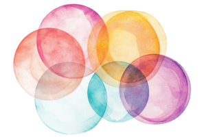 Abstract watercolor circles overlapping in vibrant colors creating a harmonious balance of art, ideal for backgrounds or creative designs. png