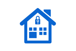 Blue house icon with a lock symbol representing home security and protection. Ideal for smart home technology concepts and safety articles. png