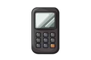 Cartoon illustration of a vintage mobile phone with keypad buttons and a small screen. Retro communication technology concept. png