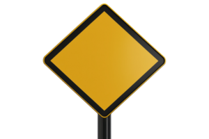 Blank yellow diamond traffic sign on pole, isolated on transparent background. perfect for transportation or construction sign use. png
