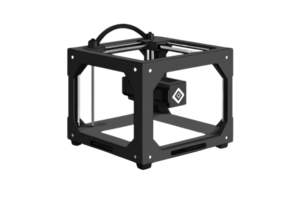 Black minimalist 3D printer with open-frame design, perfect for innovative prototyping and modern manufacturing applications. png