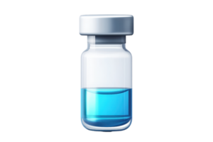 Clear glass medical vial with blue liquid, representing scientific research, vaccination, and pharmaceutical healthcare on transparent background. png