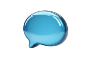 Blue glossy chat bubble symbol representing communication, dialogue, and discussion in a digital context, isolated on a transparent background. png