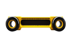 Bright yellow futuristic device with round black features, resembling a stylized mechanical component or gadget against a transparent background. png