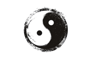 Abstract yin yang symbol with a grunge texture, representing balance and harmony in black and white monochrome design. png