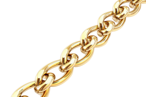 Close-up of a gold chain with interlocking links on a transparent background. symbolizing strength, luxury, and connection in a minimalist style. png