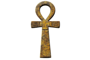 Ancient Egyptian ankh symbol, representing life and immortality, isolated on a transparent background. Antique golden color and detailed texture. png