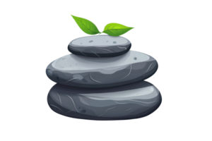 Balanced stack of smooth stones with green leaves symbolizing peace, harmony, and mindfulness in a natural setting. png