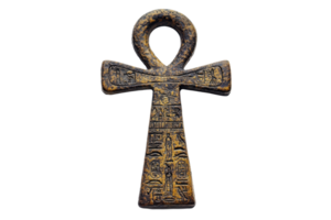 Ancient Egyptian ankh symbol with hieroglyphs, representing life and spirituality on a transparent background. png
