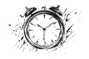 Artistic black and white alarm clock with ink splatter effect, symbolizing time, urgency, and creativity in a dynamic visual style. png