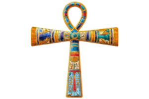 Ancient Egyptian ankh symbol with colorful patterns, representing life and spirituality in mystical art and cultural heritage. png