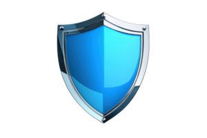 Blue shield emblem symbolizing protection and security on a transparent background. Ideal for cybersecurity, safety, and defense themes. png