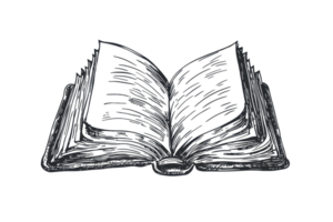 Black and white illustration of an open book with visible text lines, symbolizing knowledge, literature, and the world of reading and education. png