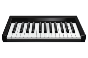 Close-up of a compact MIDI keyboard controller with black and white keys, ideal for music production and electronic compositions. png