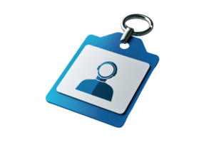 Blue metallic keychain with digital person icon on white card. Perfect for representing identity, security, and personalization concepts. png