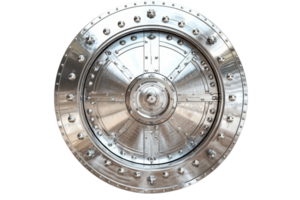 Close-up of a large, intricate metal vault door with rivets, showcasing industrial strength and security in a polished design. png