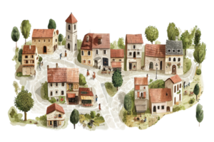 Charming watercolor illustration of a quaint village scene with rustic buildings and lush greenery, capturing a peaceful and nostalgic vibe. png