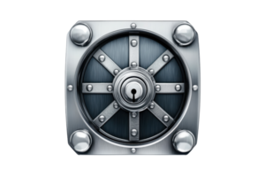 Close-up image of a secure metal vault door, symbolizing protection, security, and safety with intricate design details. png