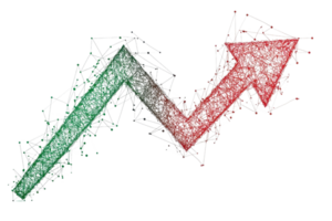 Abstract wireframe arrow depicting rising trend and growth in business and finance, symbolizing success and positive progress. png