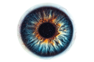 Close-up of a human eye with vibrant colors and intricate patterns, resembling a cosmic nebula showcasing mesmerizing detail. png