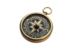 Antique brass compass with detailed engravings on a transparent background. symbolizing navigation, exploration, and adventure. Ideal for travel themes. png