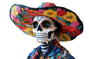 Close-up of a colorful Day of the Dead mask with floral decorations, capturing the vibrant cultural celebration. png
