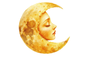 Artistic depiction of a crescent moon with a serene human face, symbolizing harmony between night and imagination. Ideal for mystical themes. png