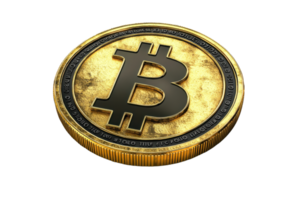 Close-up of a gold Bitcoin coin with a black embossed logo, symbolizing digital currency, blockchain technology, and cryptocurrency investment. png