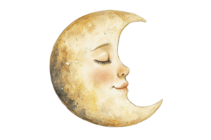 Artistic illustration of a crescent moon with a serene face, capturing celestial beauty and tranquility in a dreamlike night sky setting. png