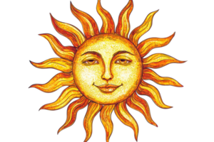 Artistic depiction of a radiant sun with a smiling face, featuring vibrant yellow and orange rays against a transparent background. png