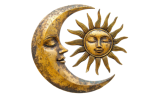 Artistic depiction of sun and moon with human faces, symbolizing balance and harmony in celestial artwork, isolated on transparent background. png