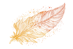Artistic illustration of a vibrant feather in warm hues, showcasing delicate patterns and a sense of lightness and elegance. png