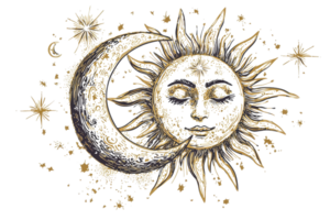 Artistic illustration of the sun and moon, symbolizing cosmic balance and harmony in a vintage celestial design with intricate details. png