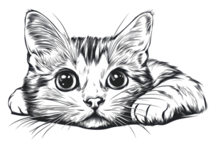 Artistic sketch of a curious cat with expressive eyes, capturing the essence of feline intrigue and charm in a detailed black and white drawing. png