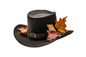 Black cowboy hat adorned with autumn leaves on transparent background. perfect for fall season themes and rustic fashion concepts. png