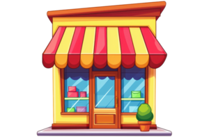 Bright and colorful illustration of a small shop with a striped awning. Ideal for representing retail, business, or storefront themes. png