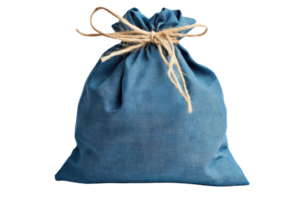 Blue cloth drawstring bag tied with rustic rope, great for storing items, gifting, or decorative purposes - versatile and durable design. png