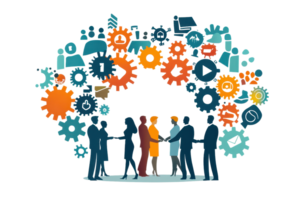 Business team collaboration concept with colorful cogwheels and icons symbolizing teamwork, innovation, and efficient workflows. png