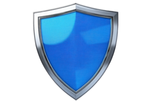 Blue shield with a metallic border symbolizing protection, security, and defense on a transparent background. Ideal for cybersecurity themes. png