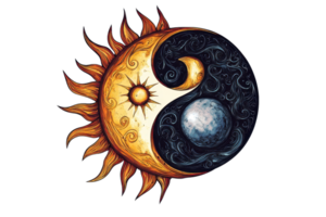 Artistic yin-yang design with sun and moon elements, symbolizing balance and harmony. Perfect for meditation and spiritual themes. png